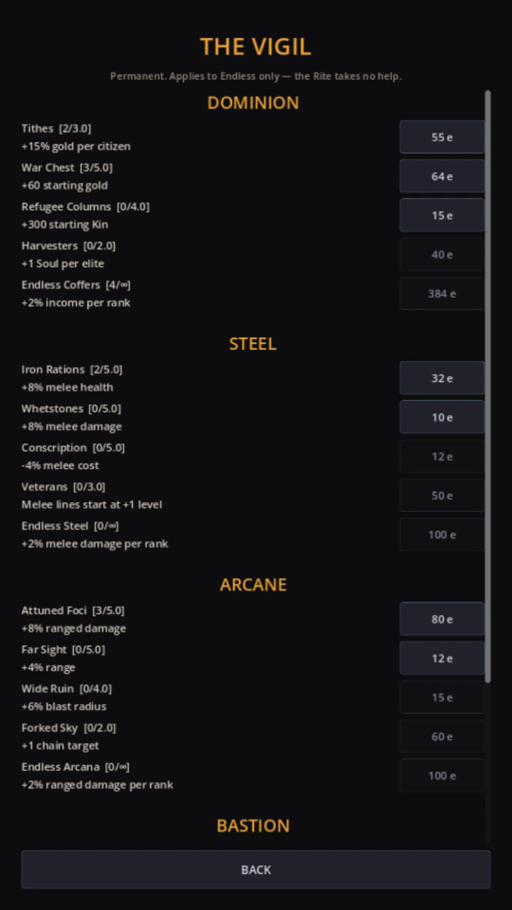The Vigil — the permanent meta tree with four branches, Dominion, Steel, Arcane and Bastion, whose upgrades are bought with Embers for Endless mode