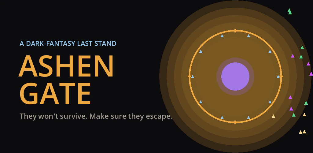 Ashen Gate — the words ASHEN GATE beside a circular city wall and a violet portal, enemies converging from the dark