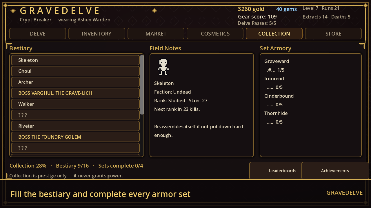 The collection screen — a bestiary of discovered foes with field notes, and the set armory tracking armour-set completion