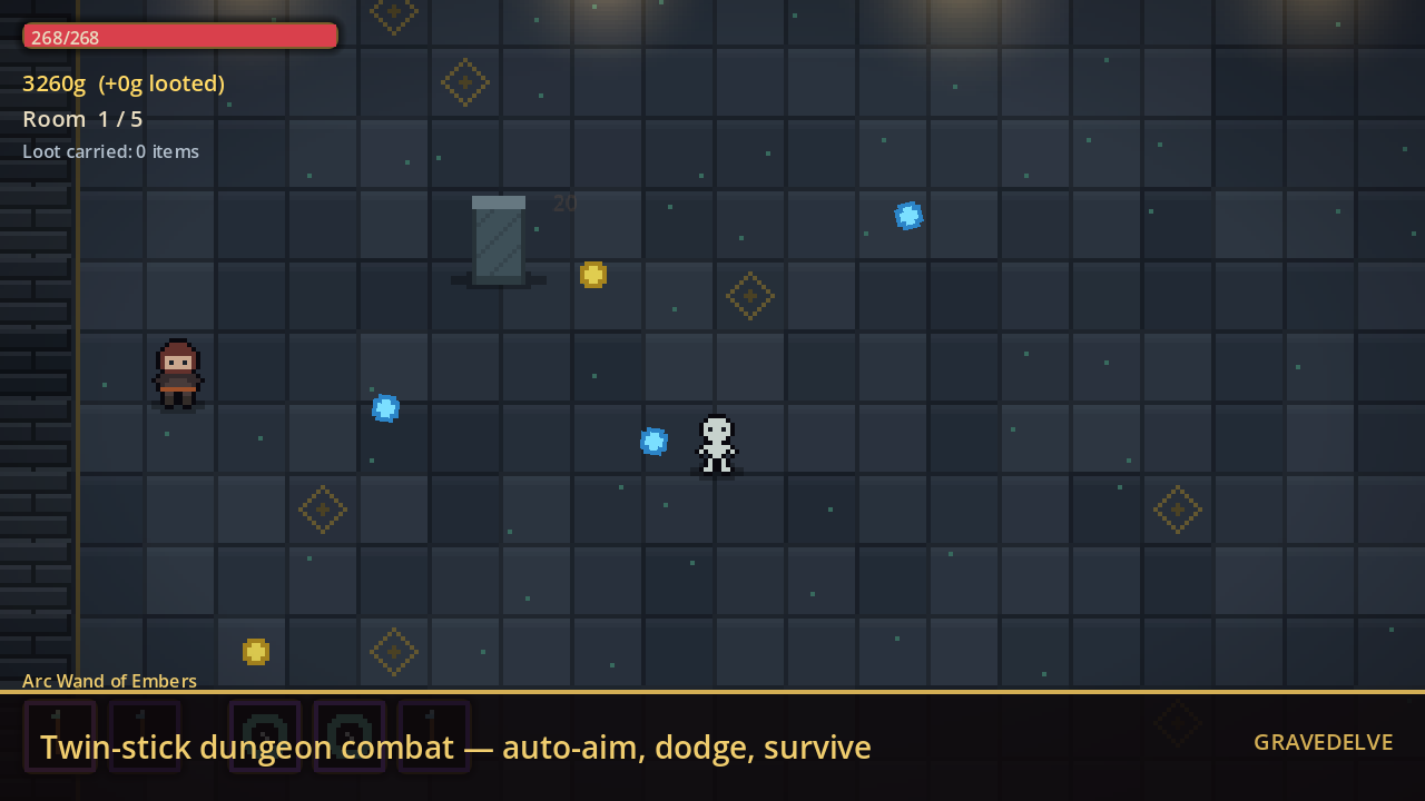 Twin-stick dungeon combat — the delver weaves between skeletons and a ghoul in a torch-lit crypt, gold and projectiles on the floor