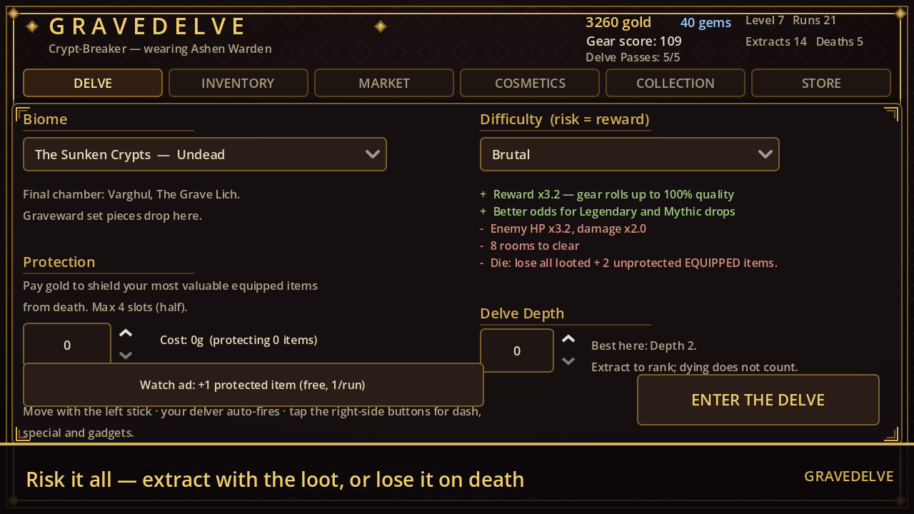 The delve setup screen at Brutal difficulty — reward multipliers, enemy scaling, the death penalty, and the Delve Depth ladder