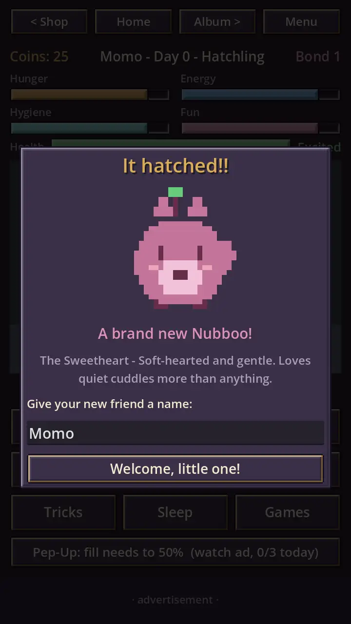 The hatch reveal — an 'It hatched!!' card showing a brand-new pink Nubboo, described as a soft-hearted Sweetheart, with a field to name your new friend