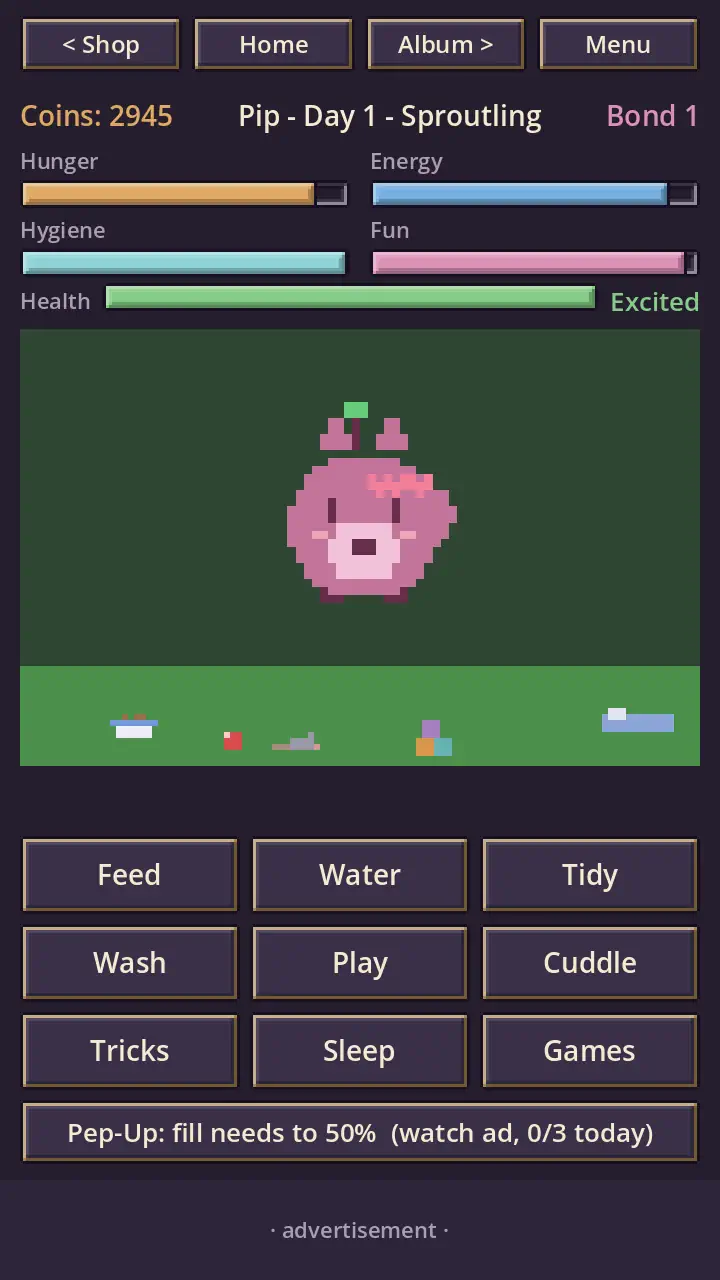 The home screen — a pink companion in its grassy habitat above Hunger, Energy, Hygiene, Fun and Health bars, with Feed, Water, Tidy, Wash, Play, Cuddle, Tricks, Sleep and Games buttons