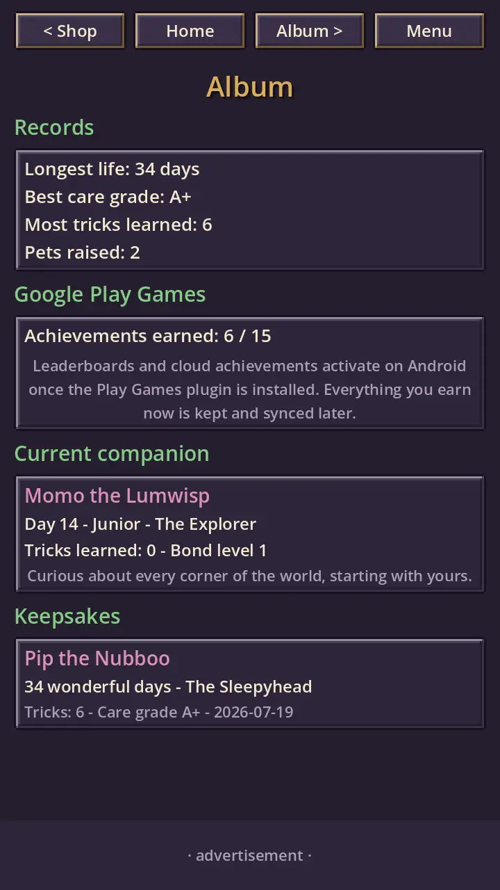 The Album — lifetime records, Google Play Games achievements, the current companion Momo the Lumwisp, and a keepsake card for Pip the Nubboo, '34 wonderful days'