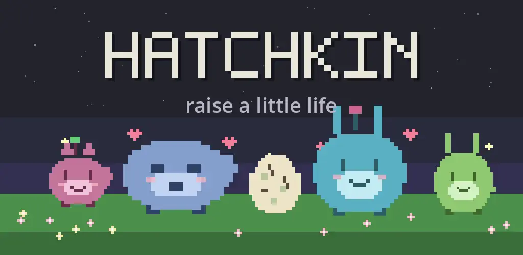 Hatchkin — a chunky pixel-art creature beside its egg, under the game's wordmark