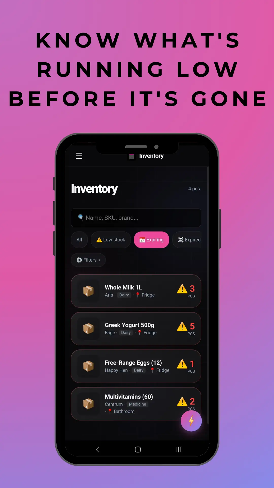 Inventory list with search and filters across all items