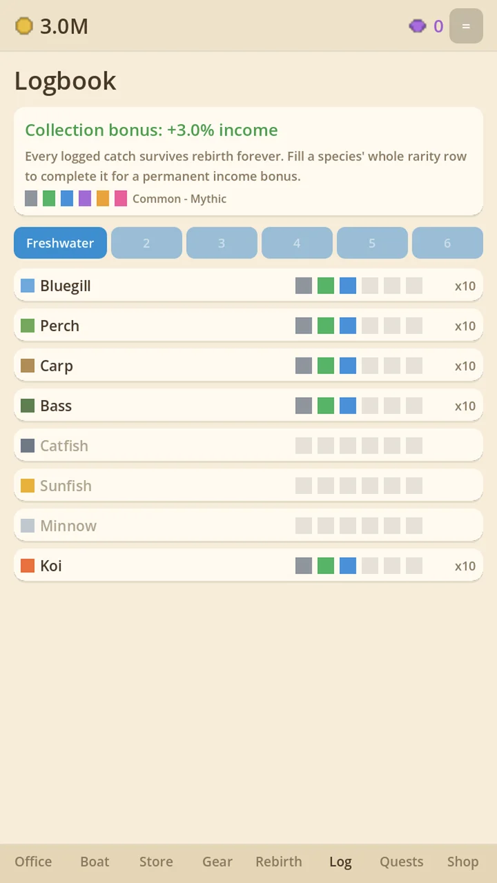 The Logbook — a list of pond species including Bluegill, Perch, Carp and Bass, each with a row of six rarity slots, some filled with colour and the rest still empty