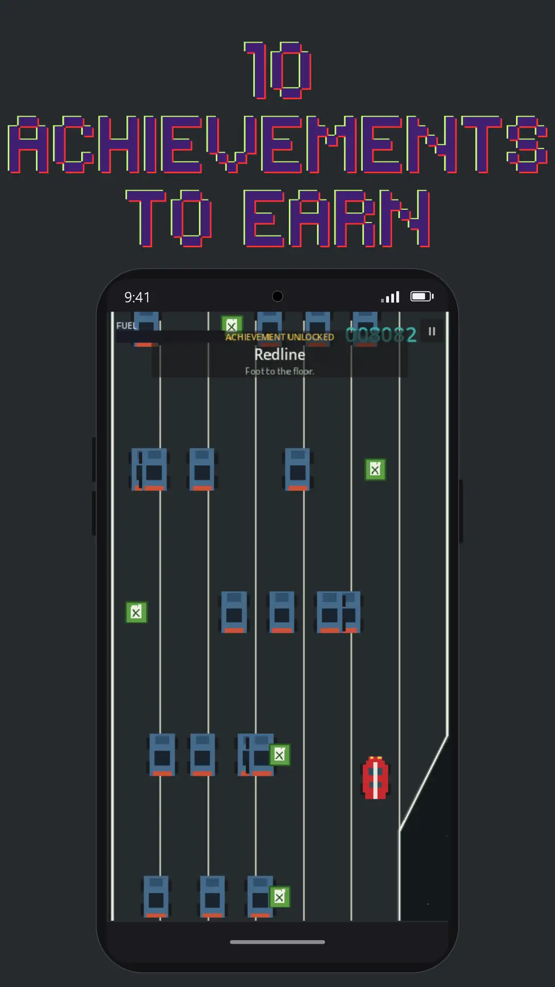 10 achievements to earn — the Redline achievement, 'foot to the floor', unlocking mid-run