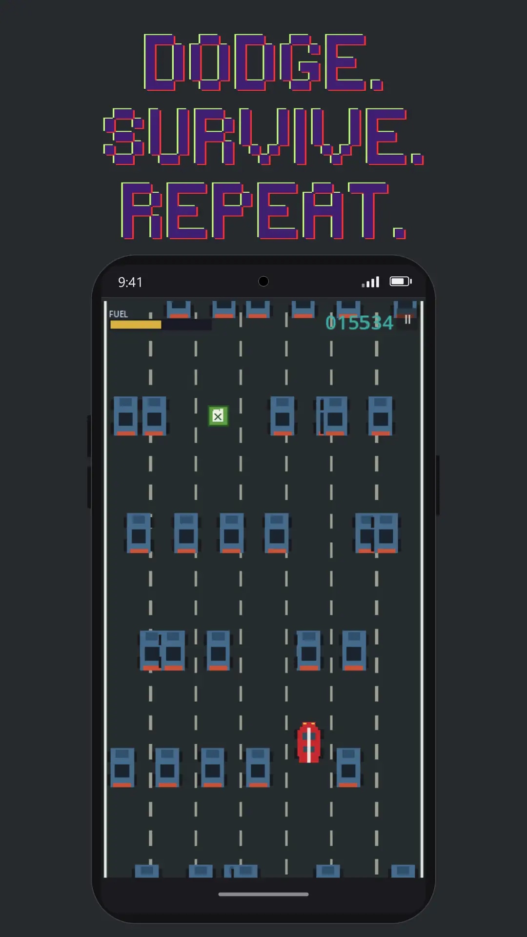 Dodge. Survive. Repeat. — late-run gameplay on a packed seven-lane road, the red player car weaving through traffic as the fuel bar runs down