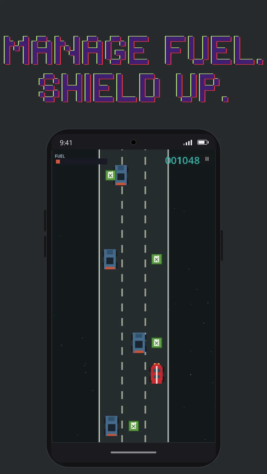 Manage fuel. Shield up. — an early three-lane run with the tank almost empty and fuel cans waiting on the road