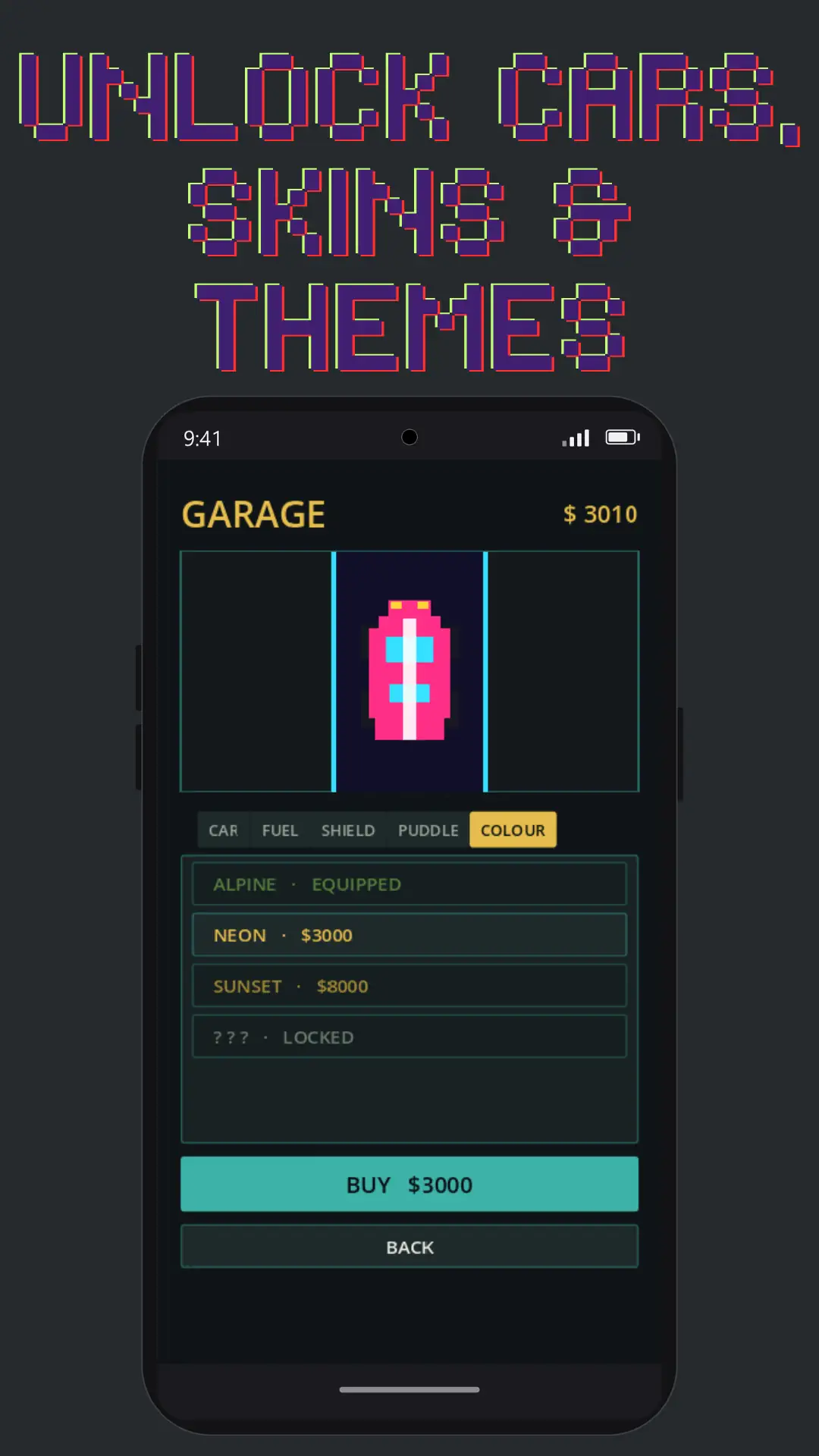 Unlock cars, skins and themes — the Garage screen with a customised car and colour themes: Alpine equipped, Neon and Sunset for sale, one still locked