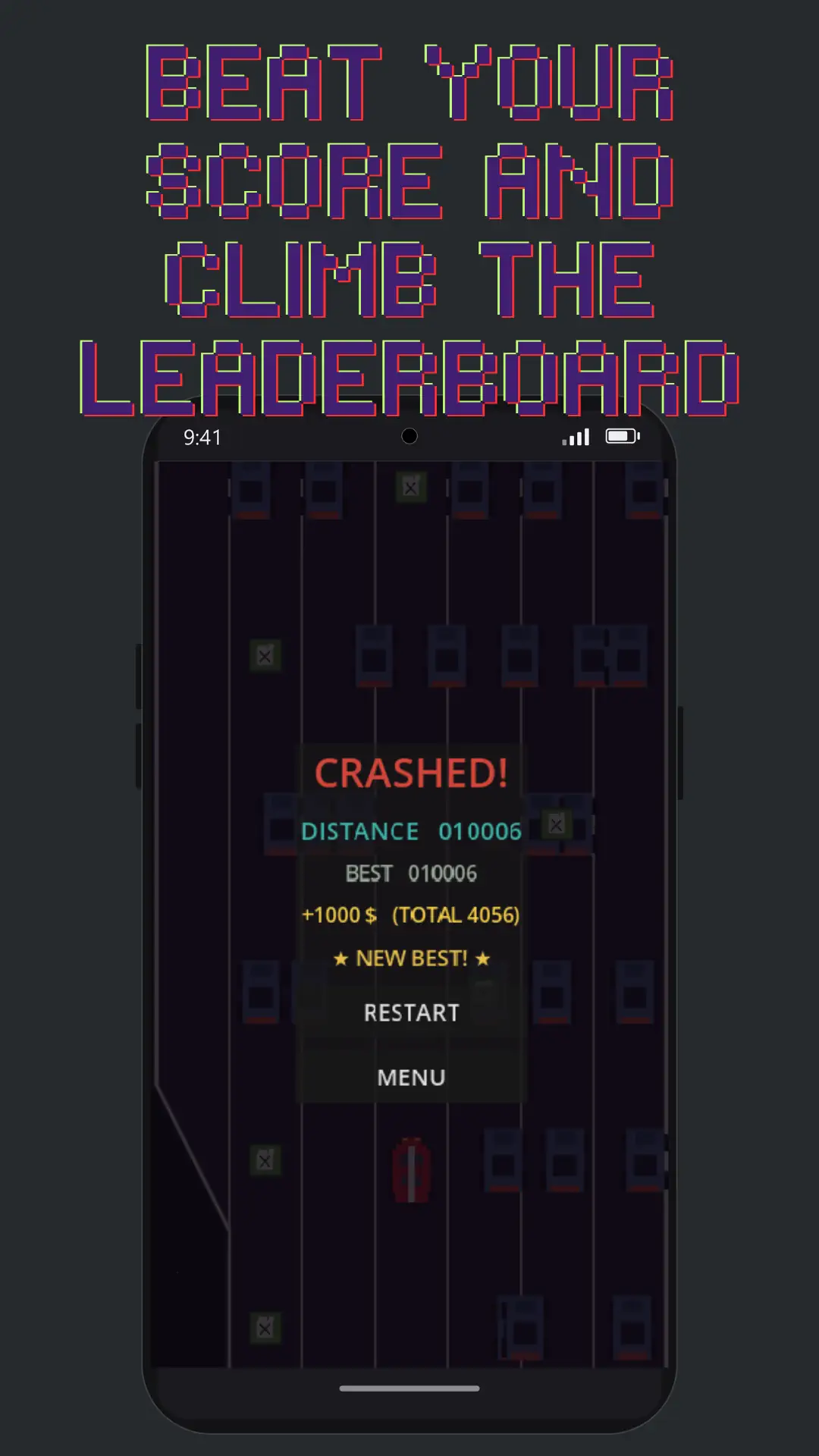 Beat your score and climb the leaderboard — the crash screen logging a new best distance of 10,006 and a $1,000 reward